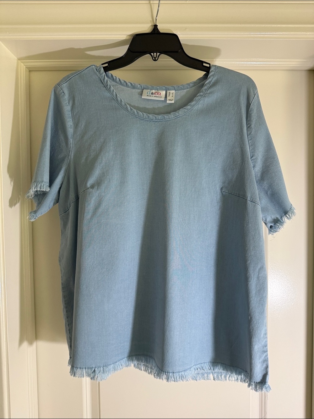 & Co. Light Blue Frayed Hem Short Sleeve Top